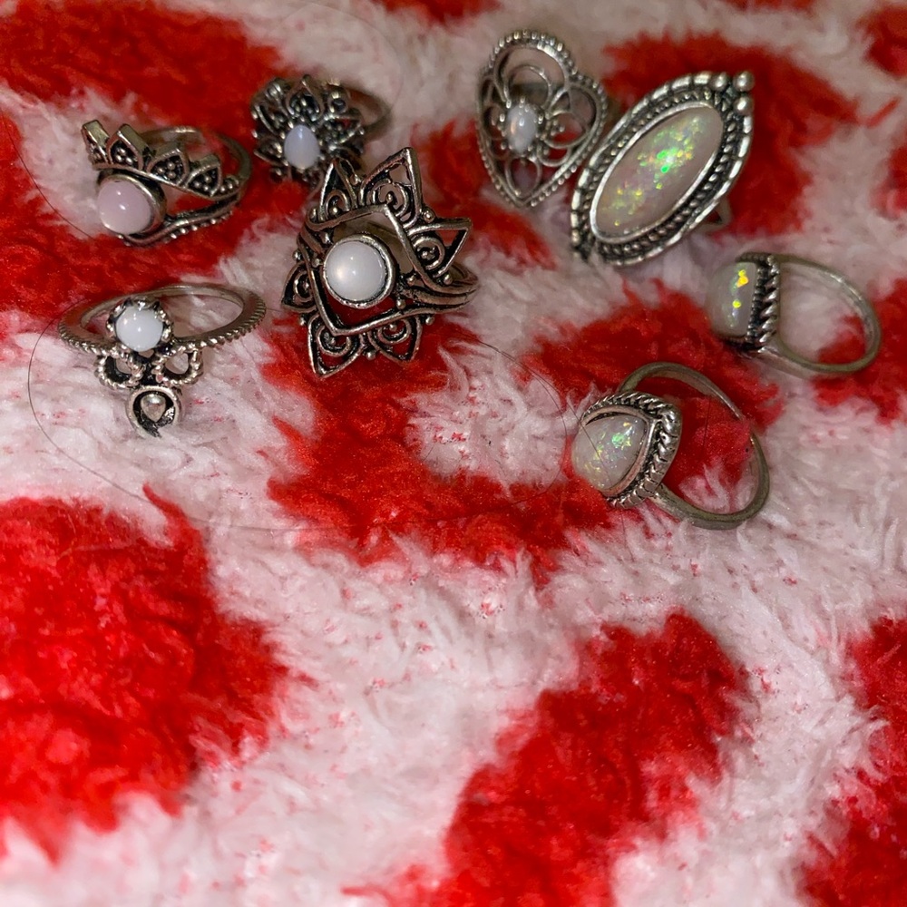 Elegant Silver and White Opal Ring Set